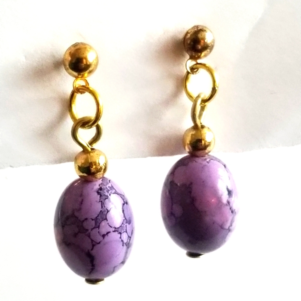 Purple earrings gold tone dainty beaded egg